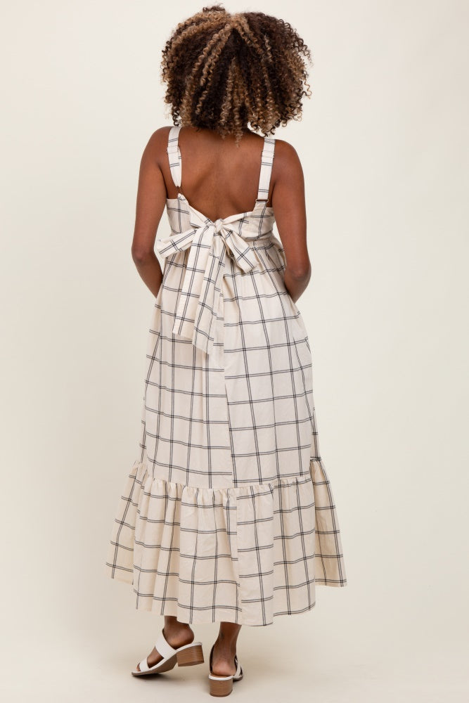 Cream Plaid Cutout Tie Back Maternity Maxi Dress