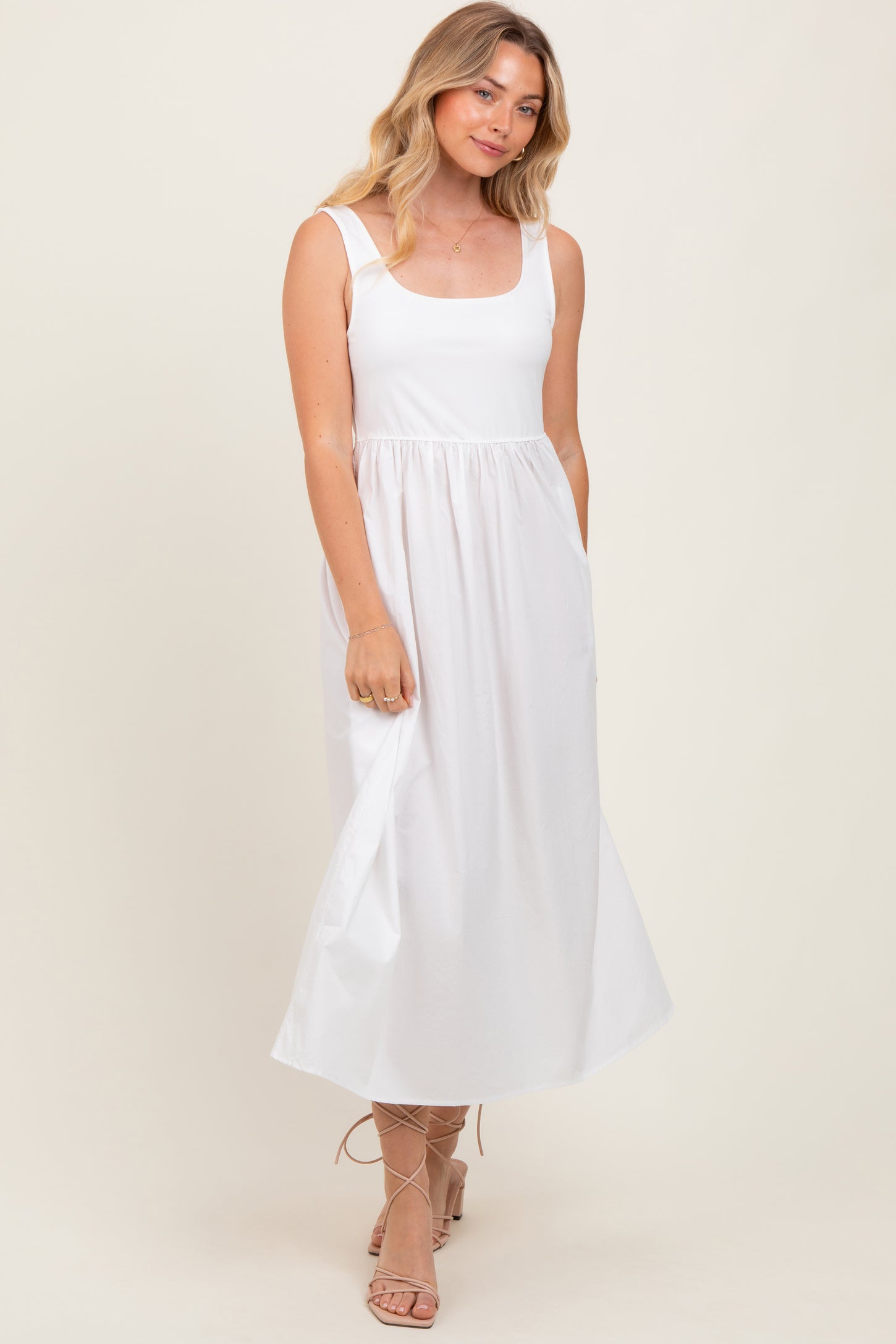 White Contrast Sleeveless Square Neck Midi Dress