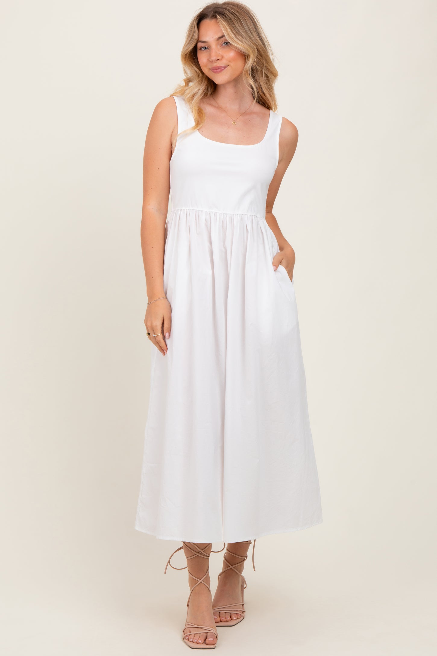 White Contrast Sleeveless Square Neck Midi Dress