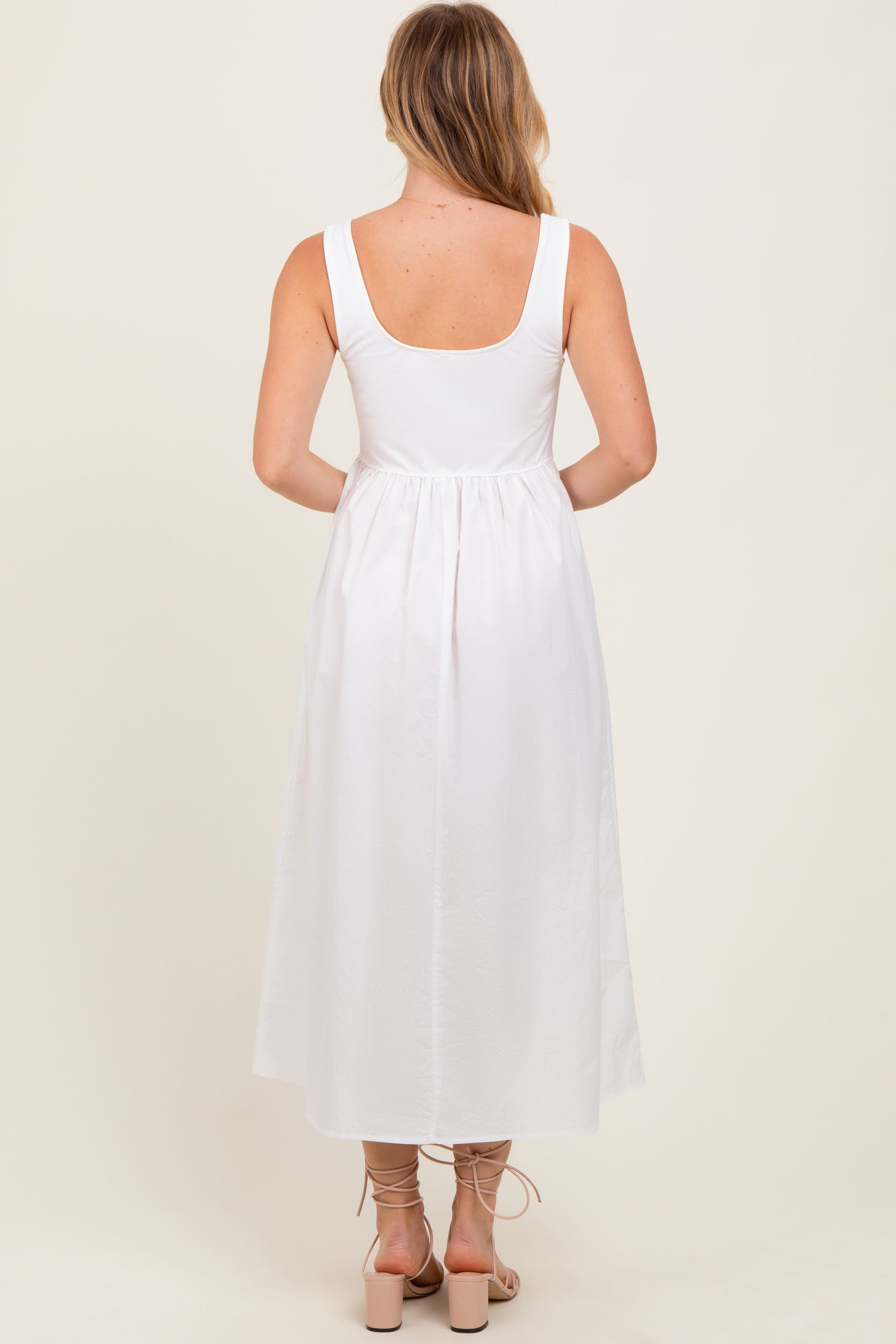White Contrast Sleeveless Square Neck Midi Dress
