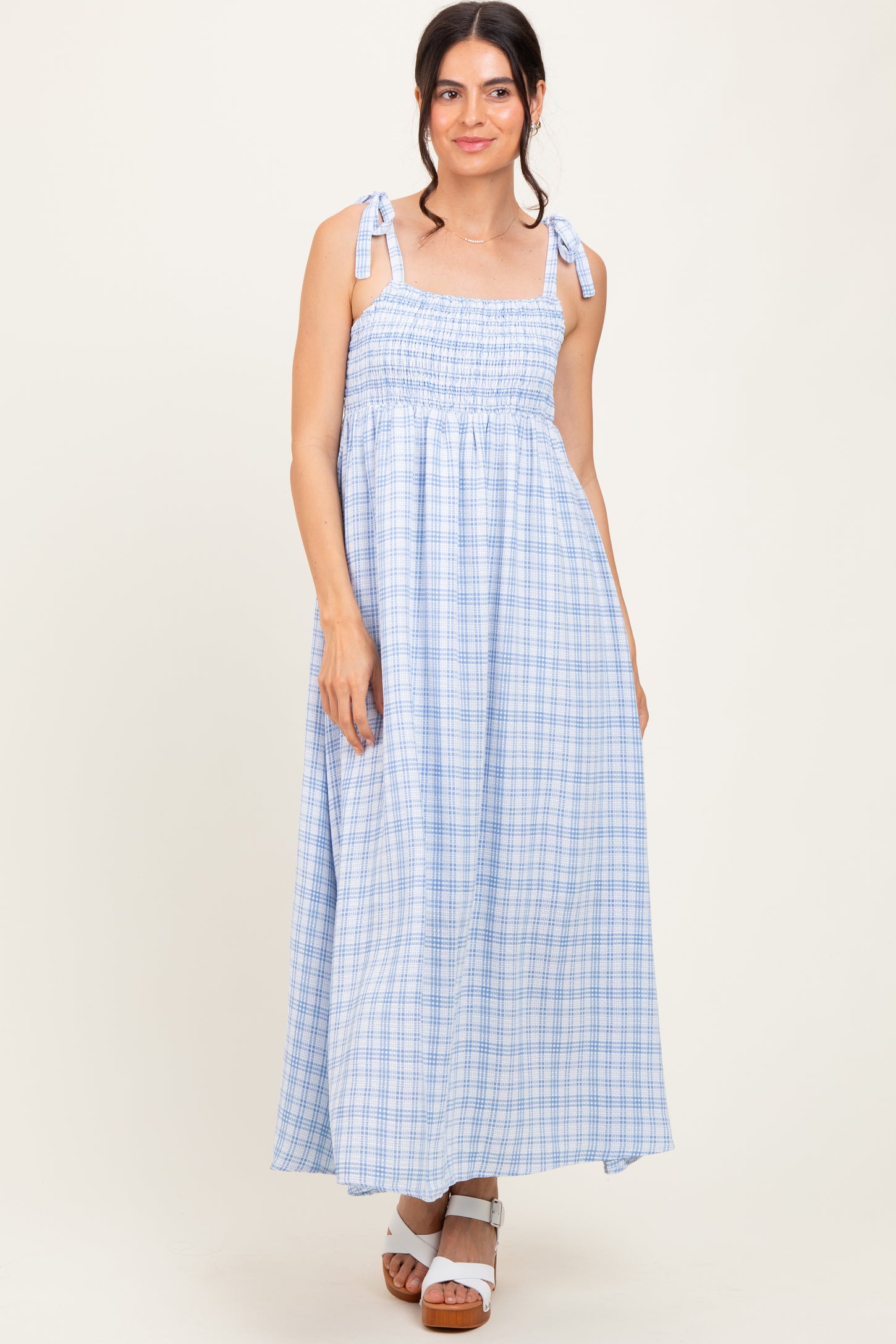 Blue Plaid Smocked Shoulder Tie Maxi Dress