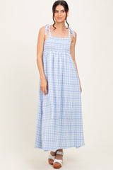 Blue Plaid Smocked Shoulder Tie Maxi Dress