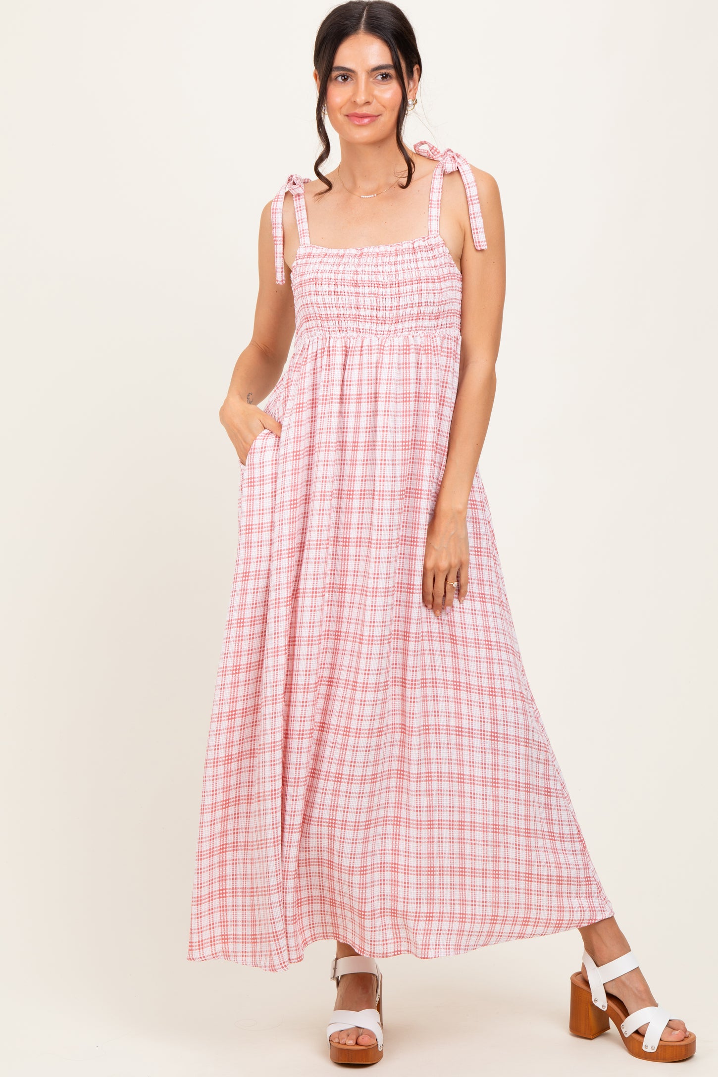 Pink Plaid Smocked Shoulder Tie Maternity Maxi Dress