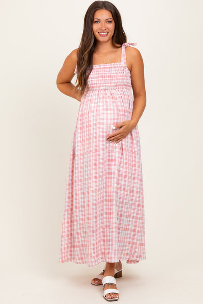 Pink Plaid Smocked Shoulder Tie Maternity Maxi Dress – PinkBlush