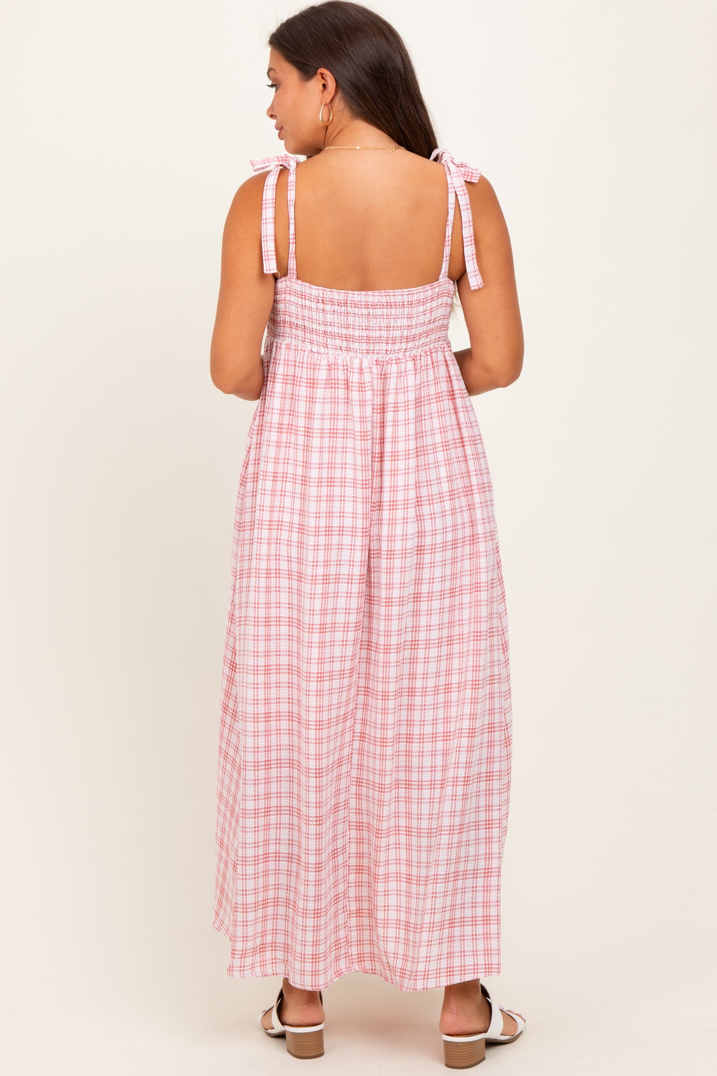 Pink Plaid Smocked Shoulder Tie Maternity Maxi Dress