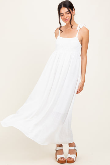 White Plaid Smocked Shoulder Tie Maxi Dress