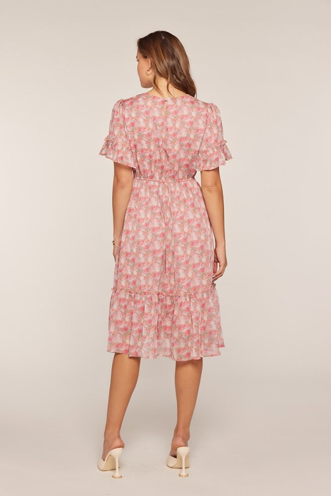 Pink Floral Ruffle Accent Midi Dress