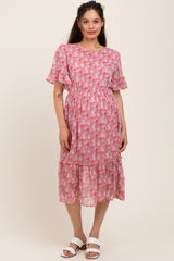 Pink Floral Ruffle Accent Maternity Midi Dress