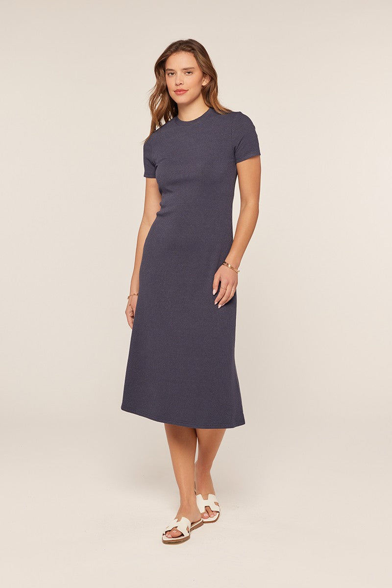 ribbed navy dress Navy Ribbed Short Sleeve Side Slit Midi Dress