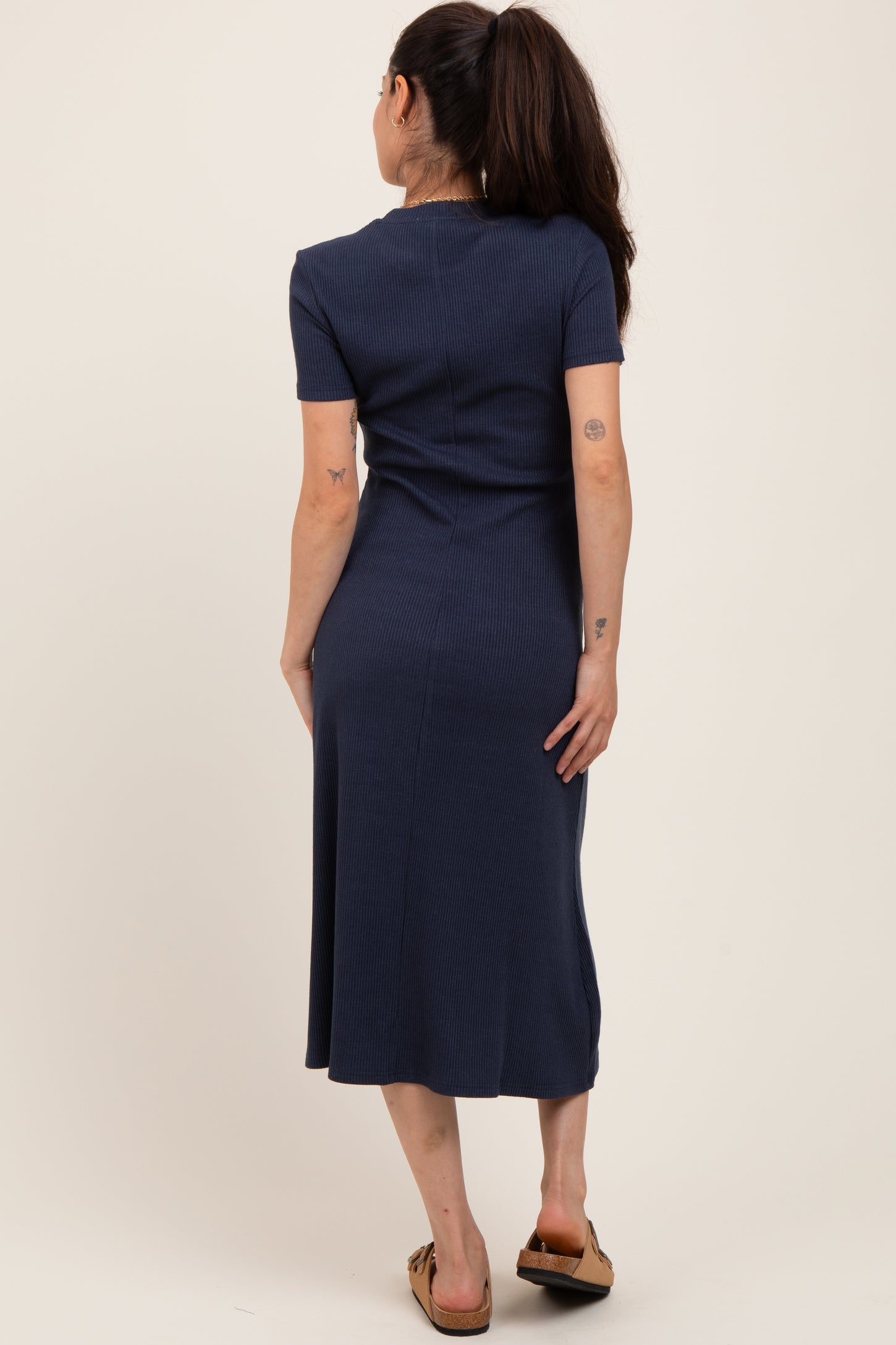 Navy Basic Ribbed Knit Maternity Midi Dress
