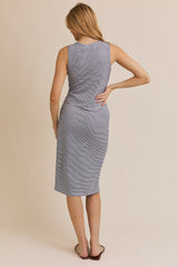 Navy Striped V-Neck Button Up Sleeveless Midi Dress