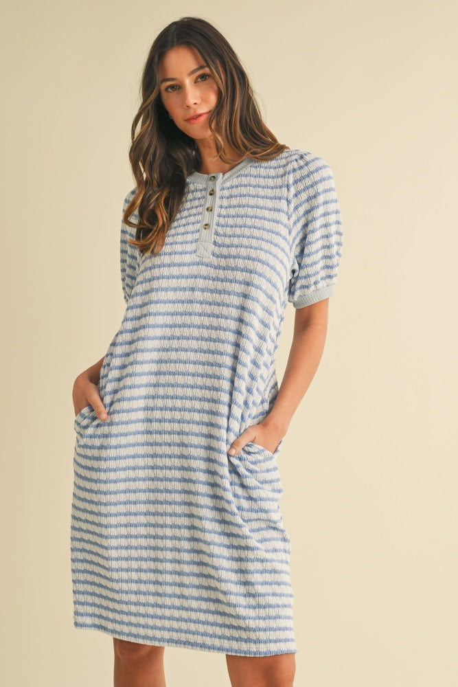 Blue Striped Textured Knit Button Up Maternity Dress