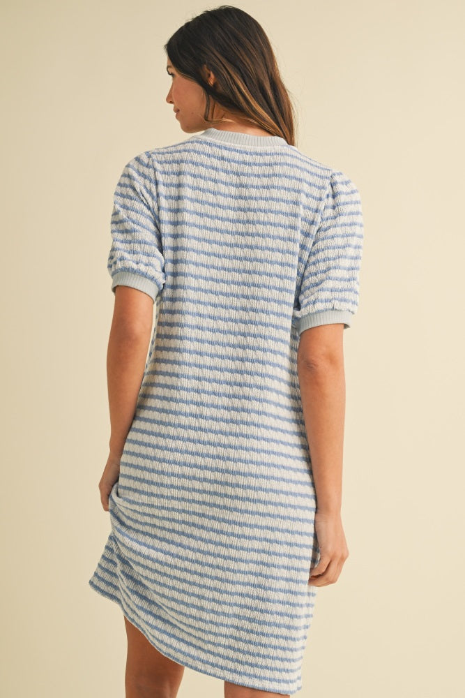 Blue Striped Textured Knit Button Up Dress