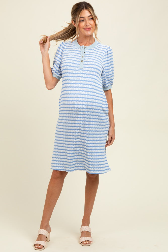 Blue Striped Textured Knit Button Up Maternity Dress