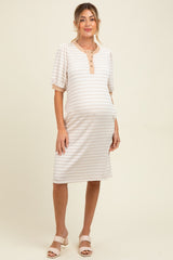 Ivory Striped Textured Knit Button Up Maternity Dress