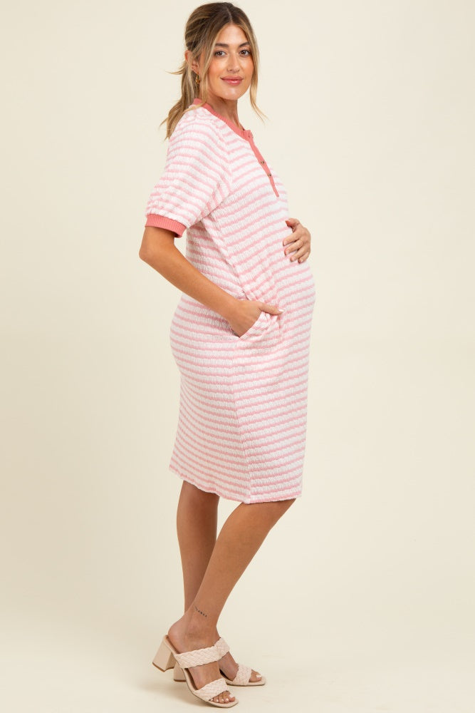 Light Pink Striped Textured Knit Button Up Maternity Dress