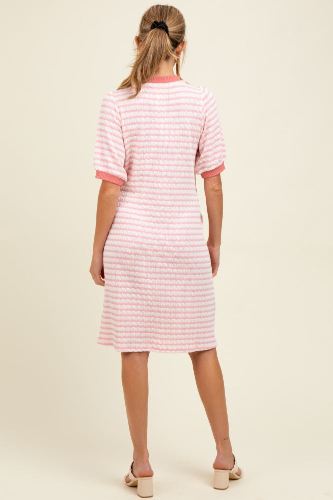Light Pink Striped Textured Knit Button Up Maternity Dress