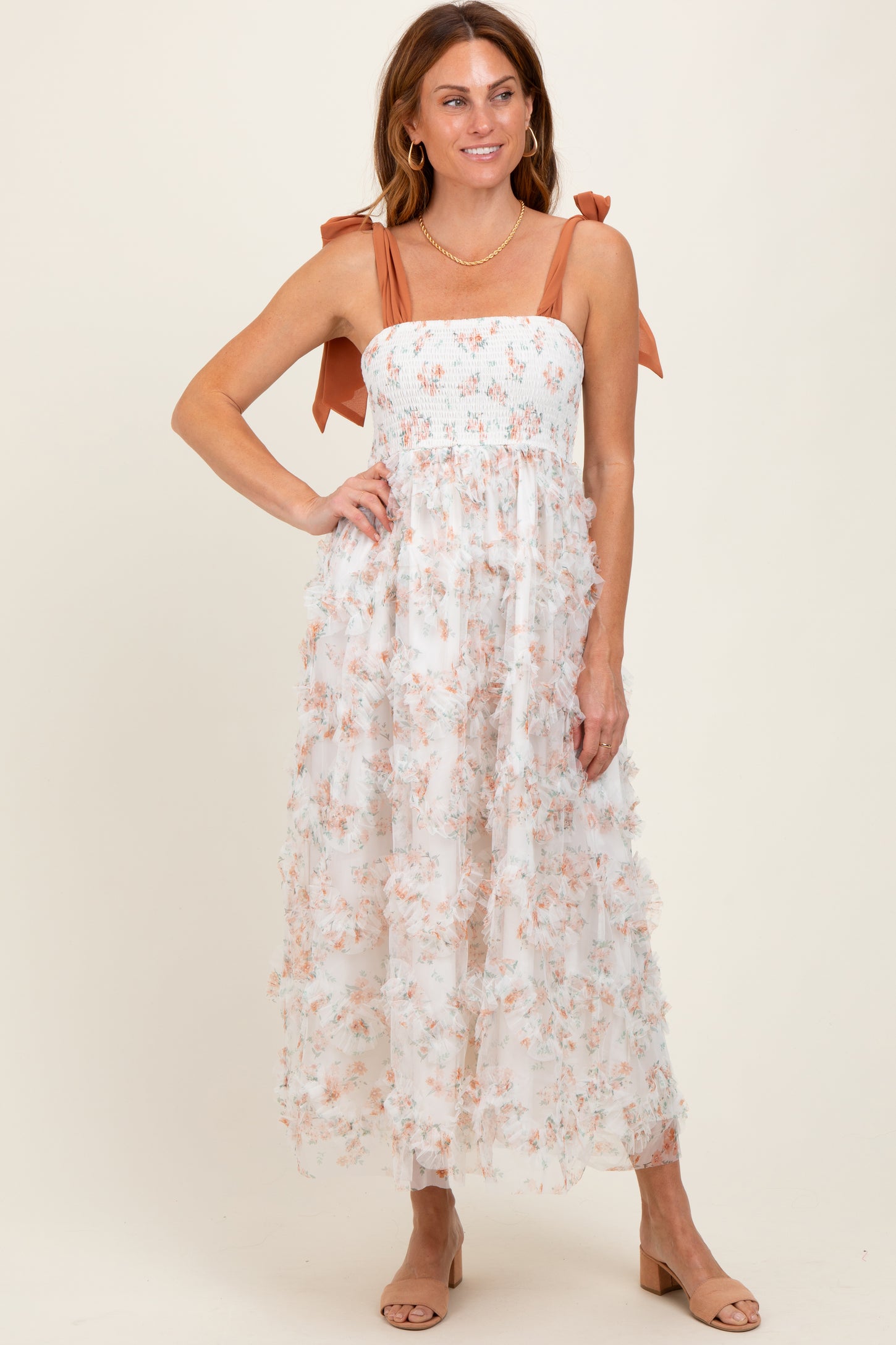 Rust Floral Smocked Shoulder Tie Ruffled Maternity Midi Dress