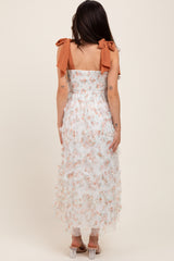 Rust Floral Smocked Shoulder Tie Ruffled Maternity Midi Dress