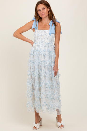 Light Blue Floral Smocked Shoulder Tie Ruffled Midi Dress