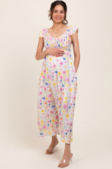 Multi Color Floral Smocked Back Bow Maternity Maxi Dress