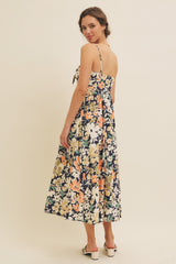 Navy Multi Floral Front Tie Sleeveless Midi Dress