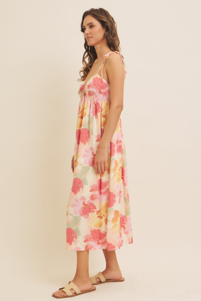Coral Multi Floral Print Ruched Shoulder Tie Midi Dress