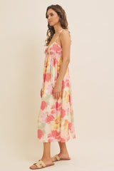 Coral Multi Floral Print Ruched Shoulder Tie Midi Dress