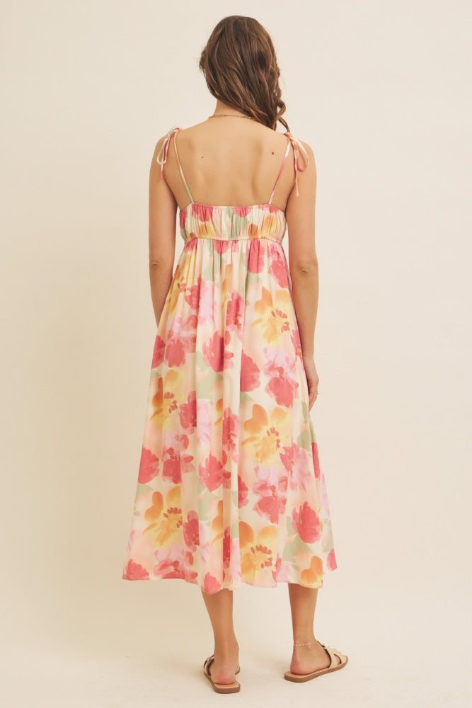 Coral Multi Floral Print Ruched Shoulder Tie Midi Dress