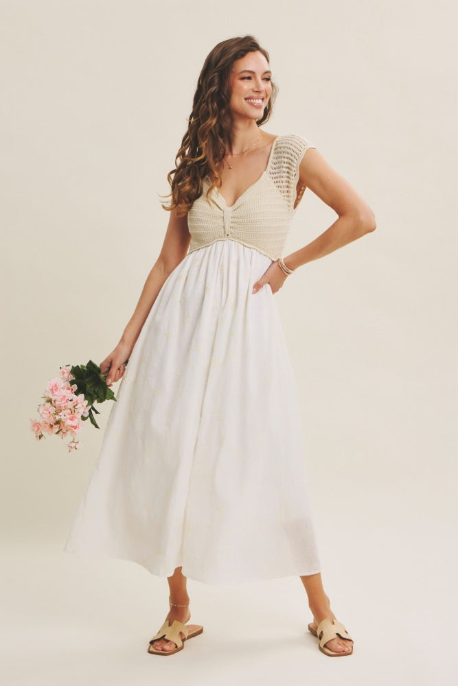 Ivory Crochet Sweater Floral Embroidery Maternity Midi Dress