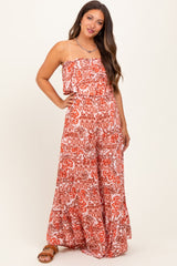 Rust Floral Strapless Ruffle Wide Leg Maternity Jumpsuit