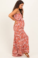 Rust Floral Strapless Ruffle Wide Leg Maternity Jumpsuit