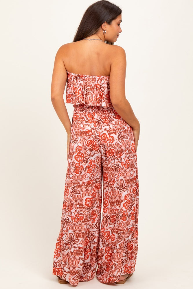 Rust Floral Strapless Ruffle Wide Leg Maternity Jumpsuit