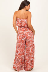 Rust Floral Strapless Ruffle Wide Leg Maternity Jumpsuit