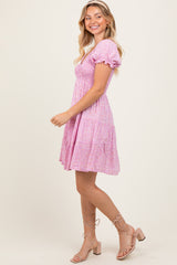 Light Pink Floral Smocked V-Neck Flutter Sleeve Dress