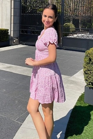 Light Pink Floral Smocked V-Neck Flutter Sleeve Dress