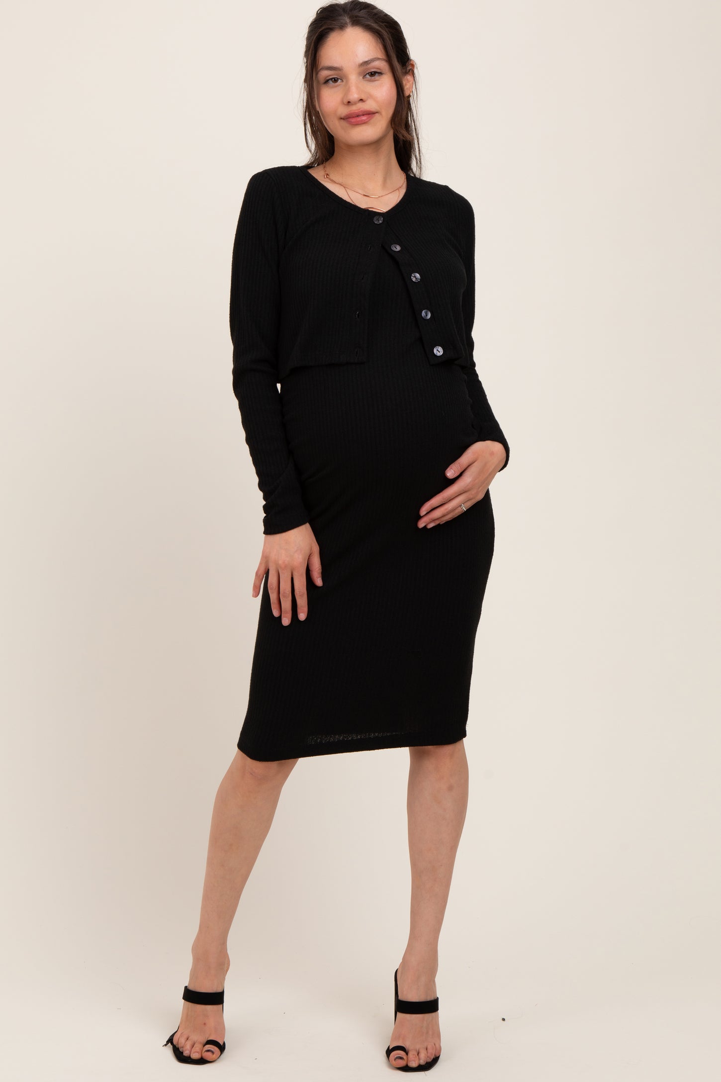 Black Crop Cardigan And Sleeveless Dress Maternity Set PinkBlush Black Crop Cardigan And Sleeveless Dress Maternity Set PinkBlush