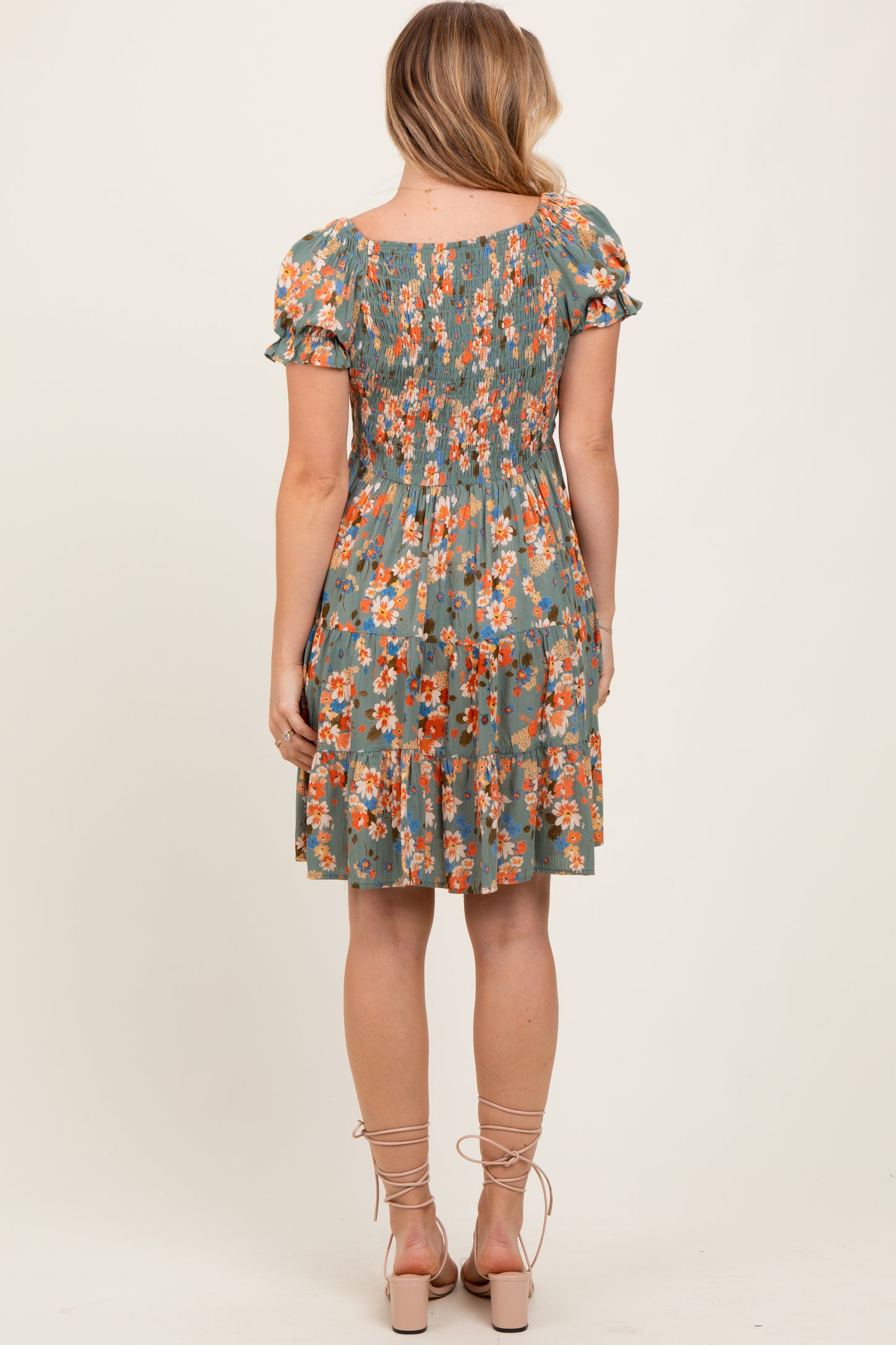 Olive Floral Smocked V-Neck Puff Sleeve Dress