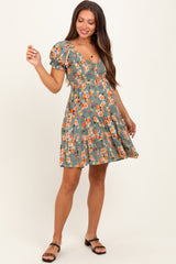 Olive Floral Smocked V-Neck Puff Sleeve Maternity Dress