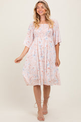 Peach Floral Smocked Midi Dress
