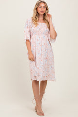 Peach Floral Smocked Midi Dress