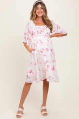 Pink Floral Smocked Maternity Midi Dress