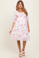 Pink Floral Smocked Maternity Midi Dress