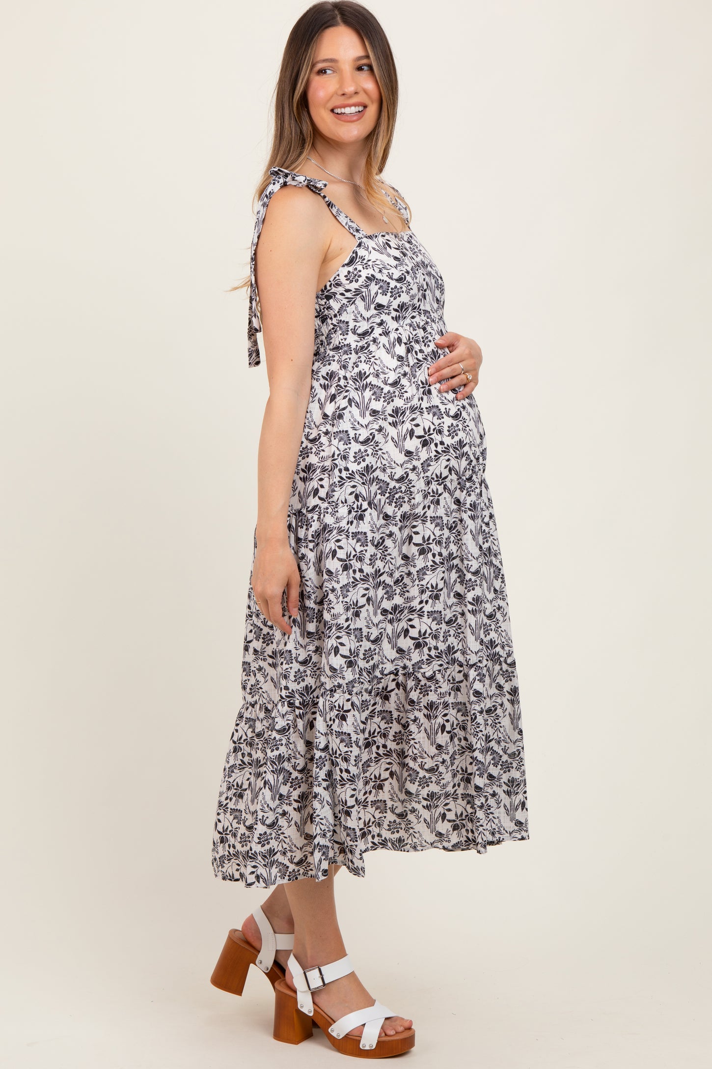 Black Multi Floral Tie Strap Maternity Maxi Dress
