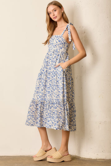 Blue Multi Floral Tie Strap Maxi Dress
