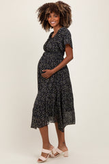 Black Floral Square Neck Front Tie Maternity Midi Dress