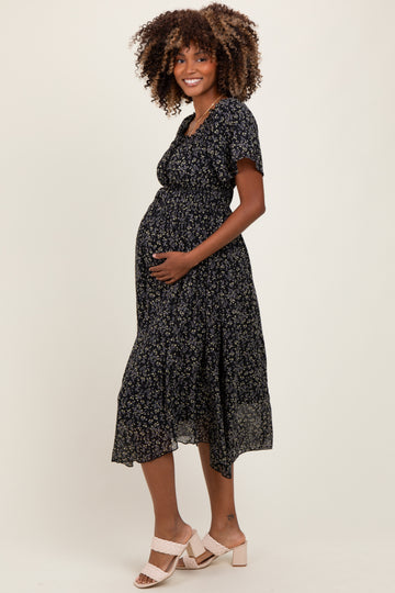 Black Floral Square Neck Front Tie Maternity Midi Dress