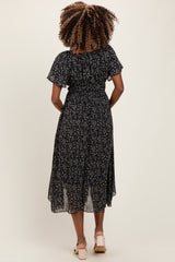 Black Floral Square Neck Front Tie Maternity Midi Dress