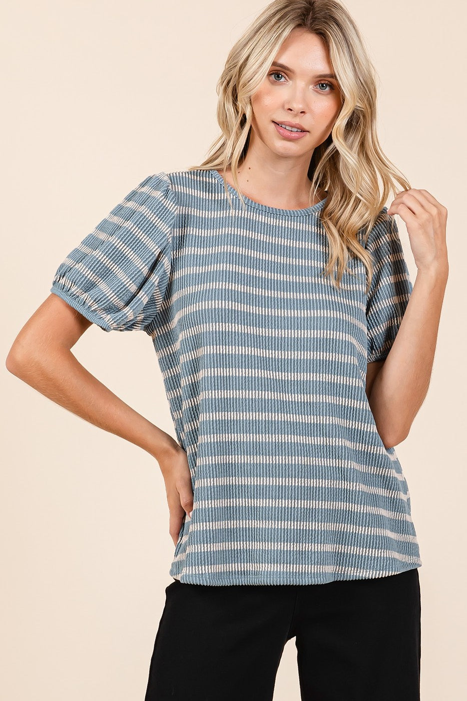 Blue Textured Knit Striped Puff Sleeve Top