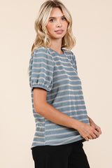 Blue Textured Knit Striped Puff Sleeve Top